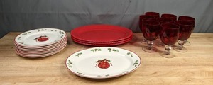 lot 183 image: 8 Christopher Radko Holiday Celebrations Dinner Plates and Platter, 3 Robert Stanley Home For Christmas Red Plates and 8 Piece Red Ruby Glass Set F