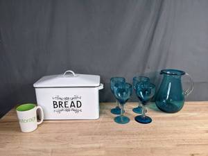 lot 227 image: Metal Breadbox, (4) Blue Goblets and Matching Pitcher, Coffee Mug F