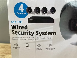 lot 2 image: Brand New Night Owl Bluetooth 4 Channel 4K Wired DVR, 4 Wired Light Cameras & 1TB HDD Y