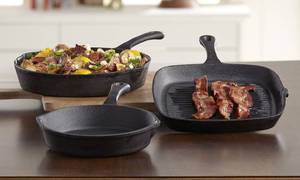 lot 46 image: Brand New Unopened Box 3-Pc. Pre-Seasoned Cast Iron Essential Pan Set