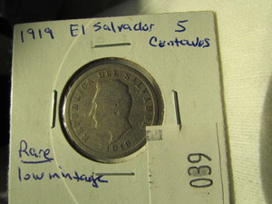 lot 39 image: 1919 EL SALVADOR 5 CENTAVOES RARE LOW MINTAGE FOREIGN COIN