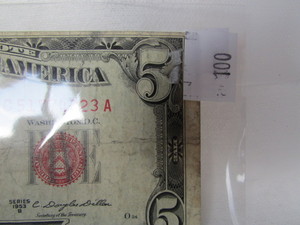 lot 100 image: 1953-B 5 DOLLAR RED SEAL NOTE