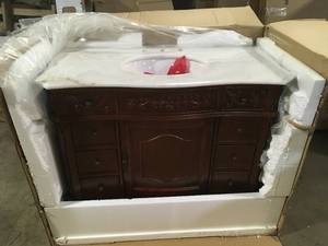 Winslow 45 in. W x 22 in. D Bath Vanity in Antique Cherry with Vanity Top in White Marble with White Basin by Home Decorators Collection Customer Returns See Pictures