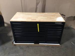 52 on. 10 Drawer Mobile Workbench with Solid Wood Top in Gloss Black by Husky Customer Returns See Pictures