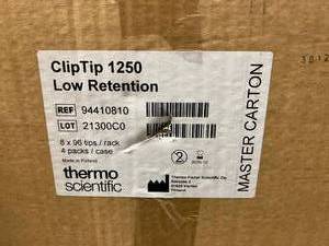 MSRP $320Case - 12 Cases New&nbspThermo Scientific ClipTip 1250 Sterile Low Retention 8 X 96 tipsrack - 4 racks Per Case Expiration 1026