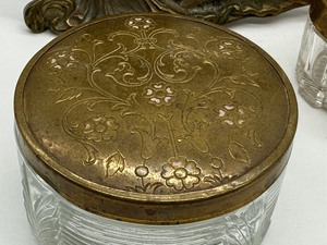 lot 29 image: Vintage Art Nouveau Bronze Frame and Two Vintage Vanity Jars