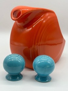 lot 107 image: Fiesta Orange Pitcher and Aqua Blue Salt and Pepper Shakers