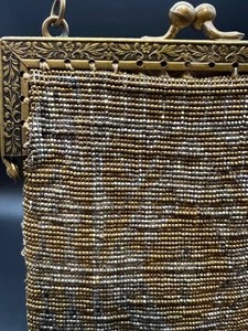 lot 57 image: Vintage Art Deco Micro Beaded Purse Handbag in Gold and Silver