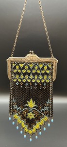 lot 75 image: Vintage Art Deco Mesh Bag Purse in Black, Yellow & Blue