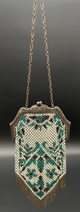 lot 116 image: Vintage Art Deco Mesh Bag Purse - Ivory, Emerald & Black