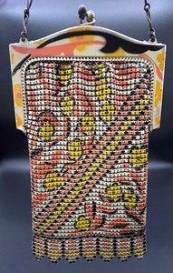 lot 158 image: Vintage Art Deco Whiting & Davis Mesh Purse Handbag in Orange & Black