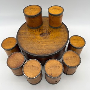 lot 48 image: Antique Victorian Tin Banded Bentwood Wood Spice Box with 8 Containers