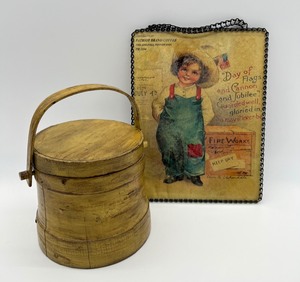 lot 87 image: Vintage Bentwood Lunch Pail and Vintage Chain Wrap Framed Advertising