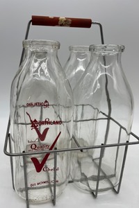 lot 191 image: Vintage Apple Cookie Jar, Milk Caddy, Milk Jars & Glass Rolling Pin