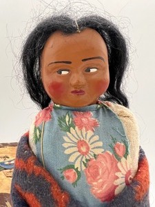 lot 13 image: Vintage Antique Skookum Doll with a Birch Bark Basket