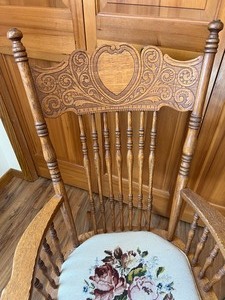 lot 148 image: Vintage Pressed Back Oak Rocking Chair with Hand Embroidered Seat