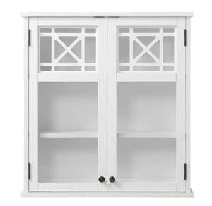 lot 129 image: Derby 27 in. W x 8 in. D x 29 in. H White Wood Wall Mounted Bath Storage Cabinet with Glass Cabinet Doors (OPEN BOX)