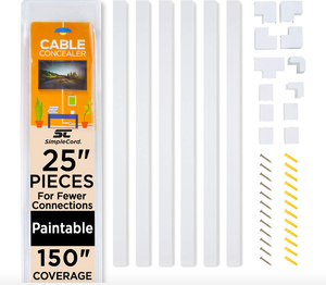 lot 284 image: LOT OF 3 - Simple Cord Cable Concealer On-Wall Cord Covers with 6, 25 Raceways  150 Cable Management System Hides Cords, Wires for Wall TVs, Computers  White