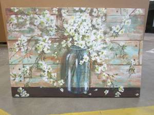 lot 299 image: Floral Print on Canvas With Wood Frame. Approximate Dimensions 24 x 36 - SOLD AS IS