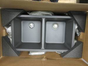 lot 10 image: Glacier Bay  Stonehaven Undermount Charcoal Gray Granite Composite 33 in 5050 Double Bowl Kitchen Sink with Gray Strainer (NICE CONDITION)