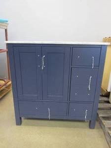 lot 42 image: ROSWELL Gela 36 in. Vanity in Blue with Marble Vanity Top in White with White Basin (NEED PAINT TOUCH UP IN SOME AREAS, OTHERWISE NICE CONDITION, SEE PHOTOS)