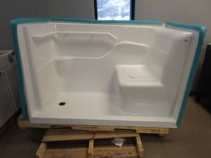 lot 43 image: American Standard  59.5 in. x 30 in. x 37 in. Seated Safety Shower Stall in White (CRACKED BEHIND SAFETY BARS, EASILY FIXABLE SEE PHOTOS)