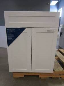 lot 44 image: Glacier Bay  All-in-One Stainless Steel 24 in Laundry Sink with Faucet and Storage Cabinet in White (DAMAGED ON LEFT SIDE, SEE PHOTOS)