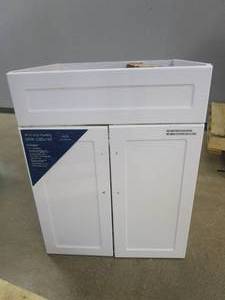 lot 45 image: Glacier Bay  All-in-One Stainless Steel 24 in Laundry Sink with Faucet and Storage Cabinet in White (DAMAGED ON RIGHT SIDE, SEE PHOTOS)