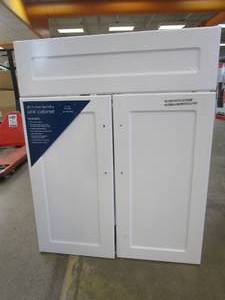 lot 46 image: Glacier Bay  All-in-One Stainless Steel 24 in Laundry Sink with Faucet and Storage Cabinet in White (NICE CONDITION)