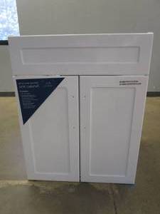 lot 47 image: Glacier Bay  All-in-One Stainless Steel 24 in Laundry Sink with Faucet and Storage Cabinet in White (NICE CONDITION)