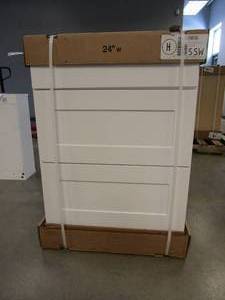 lot 49 image: Hampton Bay  Shaker Satin White Stock Assembled Drawer Base Kitchen Cabinet with Drawer Glides (24 in. x 34.5 in. x 24 in.) (SMALL CRACK IN THE BACK)