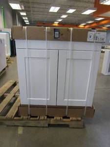 lot 50 image: Hampton Bay  Shaker Satin White Stock Assembled Sink Base Kitchen Cabinet (30 in. x 34.5 in. x 24 in.) (SMALL CHIP ON BACK SIDE OF CABINET)