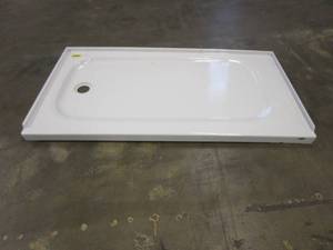 lot 61 image: American Standard  Passage Left Hand Drain 32 in. x 60 in. Single Threshold Shower Base in White (SMALL CHIPS ON THE FRONT APRON)