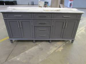 lot 72 image: Home Decorators Collection Sonoma 72 in. W x 22 in. D x 34 in H Bath Vanity in Dark Charcoal with White Carrara marble Top (BACK CORNER IS DAMAGED, MISSING LEG, DRAWER IS A LITTLE TOUGH TO PULL OUT)