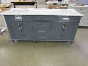 lot 73 image: Home Decorators Collection Sonoma 72 in. W x 22 in. D x 34 in H Bath Vanity in Dark Charcoal with White Carrara marble Top (TOP HAS A HAIRLINE CRACK, MISSING LEG, CABINET NEEDS SOME PAINT TOUCH UP)