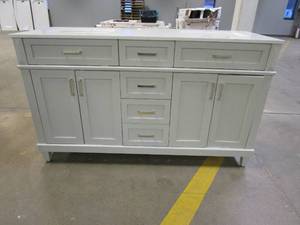 lot 74 image: Home Decorators Collection Talmore 60 in. Double Vanity in Sky Grey with Artificial Carrara Vanity Top with White Basin (DOOR NEEDS TO BE REATTACHED, CUBBY IN TOP DRAWER NEEDS TO BE REATTACHED, OTHERWISE NICE CONDITION)
