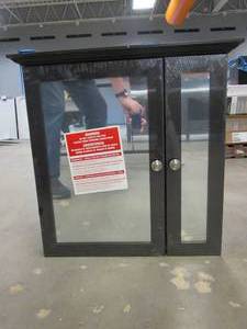lot 79 image: Home Decorators Collection 24-34 in. W x 24-58 in. H Fog Free Framed Surface-Mount Bi-View Bathroom Medicine Cabinet in Java with Mirror (SMALL SIDE MIRROR IS CRACKED, SEE PHOTOS)