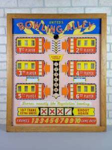 lot 299 image: Vintage 1950s Uniteds Bowling Alley Bowling Arcade Machine Back Glass (Plexi-Glass) - NO SHIPPING