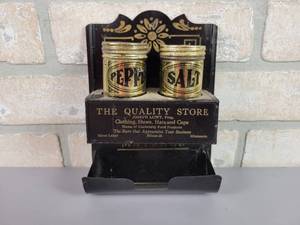 lot 334 image: Antique Salt & Pepper Shakers and Matches Holder - The Quality Store Silver Lake, MN - Phone No. 24