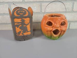 lot 439 image: Vintage Halloween Papier Mache Jack-O-Lantern and Paper With Lantern
