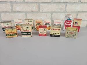 lot 449 image: Collection of (13) Vintage Spice TinsBoxes - Durkees, Forbes, Fairway and More