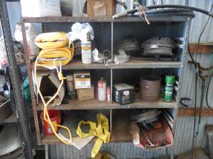 lot 159 image: Garage shelving lot with contents