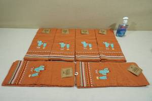 lot 14 image: 6 New Embroidered Kitchen Towels with Hand Soap
