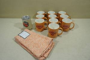 lot 39 image: 2 New Kitchen Towels with Wine Tumbler & 10 Coffee Mugs