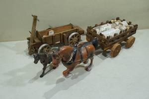 lot 115 image: 2 Wood Wagons with Cast Plastic Horses