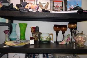 lot 228 image: Assorted Home Glassware and Porcelain -Vases, Serving Plate, Lanterns, Candle Holders