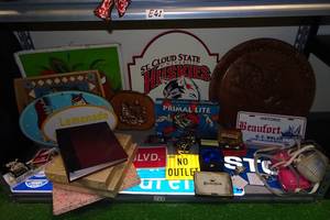 lot 231 image: Large Assortment Home Dcor -Metal Signs, Serving Tray, Photo Albums, Rolex Spoon