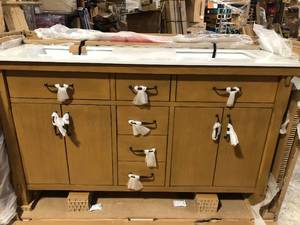 Bellington 60 in. W x 22 in. D x 34.5 in. H Bath Vanity in Almond Toffee with White Engineered Stone Top by Home Decorators Collection Customer Returns See Pictures