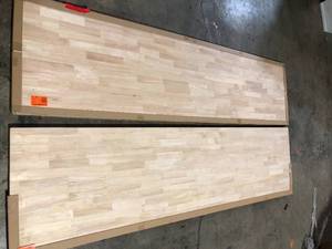 2 Lots of 8 ft. L x 25 in. D Unfinished Hevea Solid Wood Butcher Block Countertop With Square Edge by Hampton Bay Customer Returns See Pictures