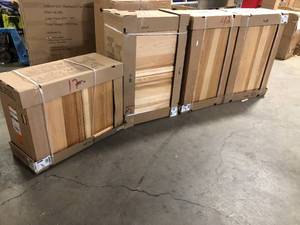 lot 28 image: Pallet of Hampton Assembled 24x36x12 in. Wall Kitchen Cabinet in Natural Hickory by Hampton Bay Customer Returns See Pictures